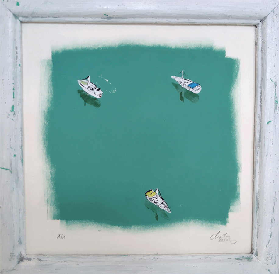 »Meer mit Schiffen«, Linoldruck von Holger Montag, verschiedene Größen